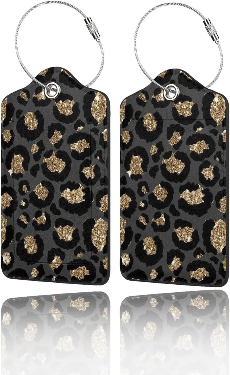 GACCAP 2 Pack Luggage Tags for Suitcase, Privacy Cover ID Label with Stainless Steel and Address Card for Travel Bag Backpack Cruise Ship Essentials Tag Women Girls - Black Gold Leopard Cheetah - Image 1